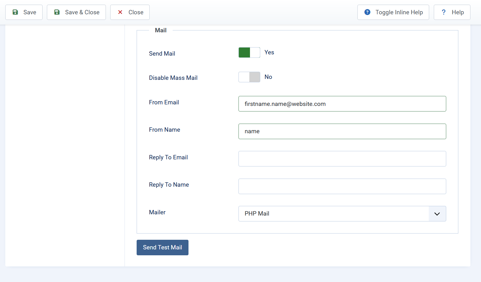 Send Test Mail button in Joomla 5.3 Global Configuration