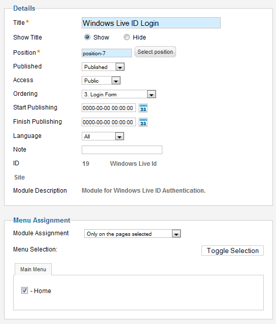 Sample configuration of Windows Live ID extension for Joomla 1.6