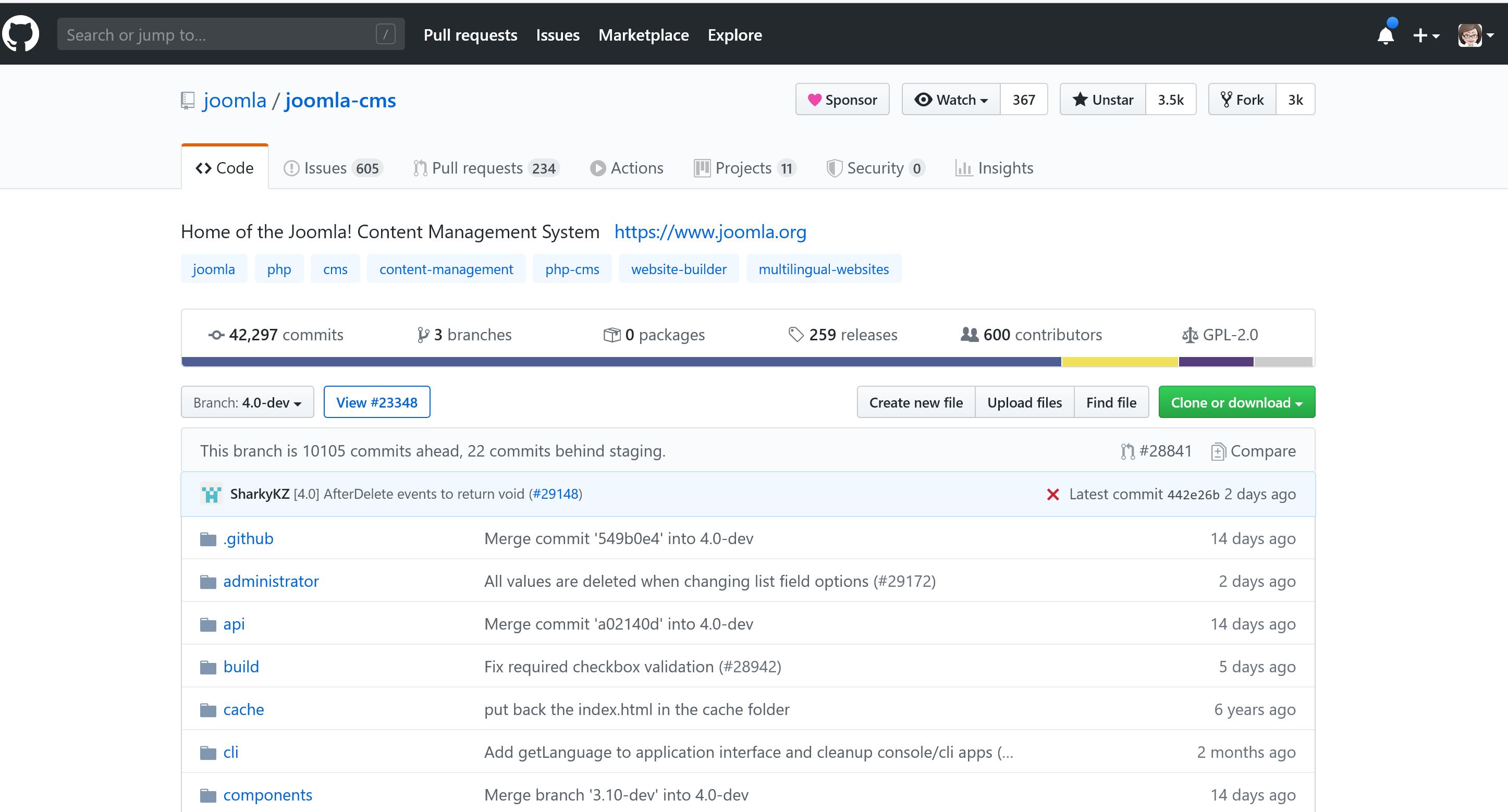 An example of the files in the Joomla GitHub repository