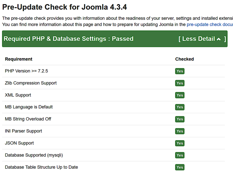 Required PHP and Database Settings portion of the Pre-Update Check Component