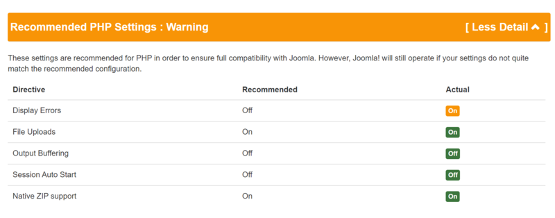 Recommended PHP Settings portion of the Pre-Update Check Component